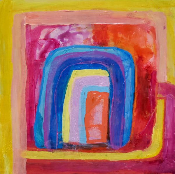 Abstract art with concentric colorful circles on a yellow background