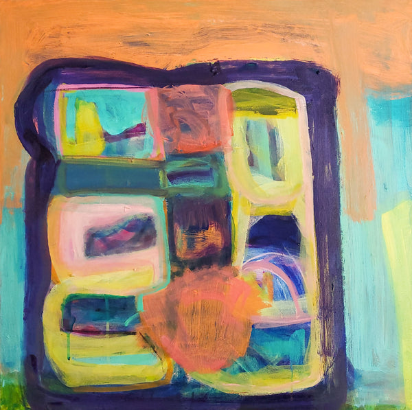 Abstract painting with colorful shapes and a blue border