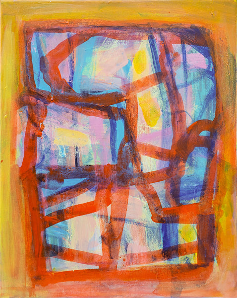 Abstract artwork with vibrant colors on a yellow background