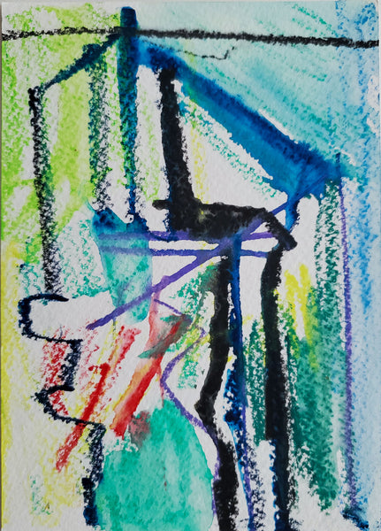 Skewed, watercolor, artists crayons & graphite on paper abstract painting by Cerulean Arts Collective Member Alan Lankin