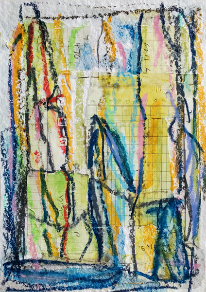 Abstract artwork with colorful brush strokes on a textured surface