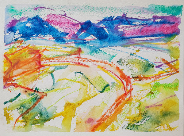 The Long View, watercolor and artist crayons on paper abstract painting by Cerulean Arts Collective Member Alan Lankin