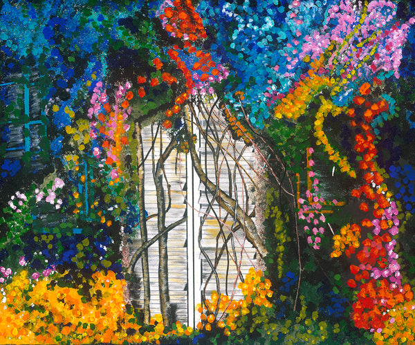A colorful impressionistic painting of a white wooden gate or doorway framed by dense, vivid floral and leafy surroundings in blue, pink, orange, yellow, green, and red tones.