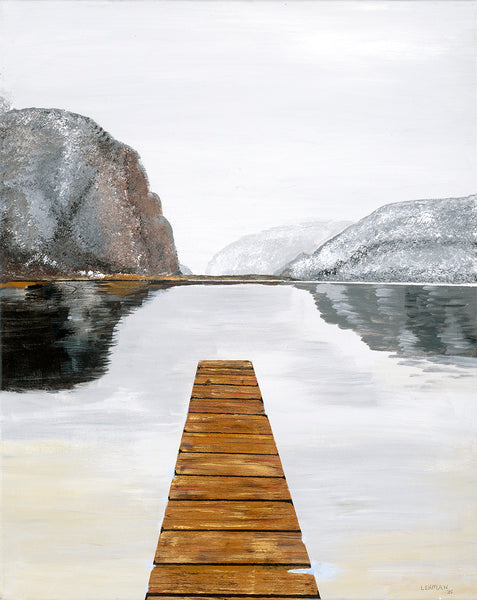 A scenic landscape painting featuring a wooden dock extending from the foreground into calm water, flanked by dark rocky cliffs and snow-dusted hills under a pale sky.