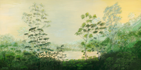 A landscape painting depicting a misty forest with tall trees, a soft yellow sky, and a calm body of water in the distance. The artwork has a painterly, impressionistic style with blended greens, yellows, and soft grays.