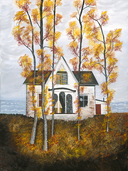 A painting of a white house with dark roofs, surrounded by tall birch trees with golden-yellow and orange autumn foliage, set against a cloudy gray sky and a dark grassy foreground.