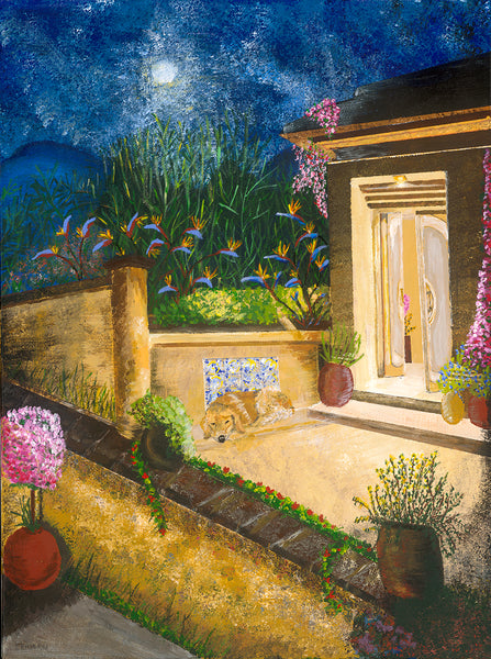 A colorful painting of a nighttime garden and patio scene, featuring a lit doorway, potted flowers, tall green plants, and a dog lying  under a starry blue sky with full moon.