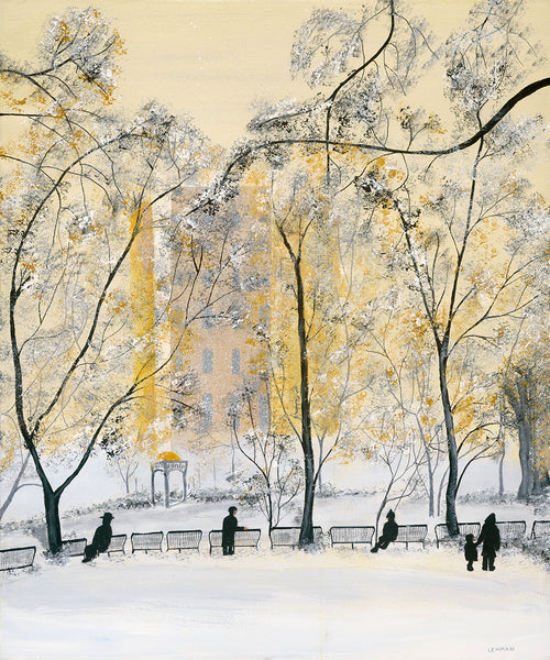 A winter park scene painting with snow-covered ground, leafless trees with yellow and white foliage, benches, small dark human figures, and a soft architectural background.