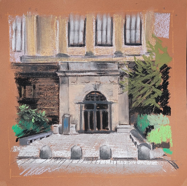 A pastel architectural sketch of a building facade with windows, a central arched doorway, steps, bollards, and greenery, set against a warm orange-brown field.
