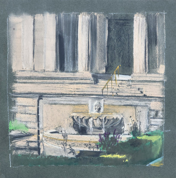 A square pastel sketch of an outdoor architectural scene with a fountain in front of a building with tall columns. The artwork uses soft gray, beige, green, and yellow tones with a dark gray border around the drawing.