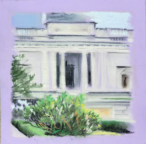 A pastel painting of a classical white building with columns, green shrubs in the foreground, and a pale lavender border around the artwork.