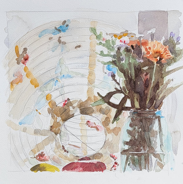 Watercolor still life artwork depicting a bouquet of flowers in a glass jar beside a round plate, rendered in soft washes of orange, blue, green, brown, and cream on a white paper background.