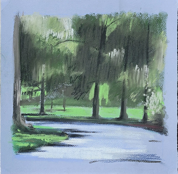 A pastel landscape painting of a park scene with trees, grass, and a curved body of water, framed by a pale blue border.