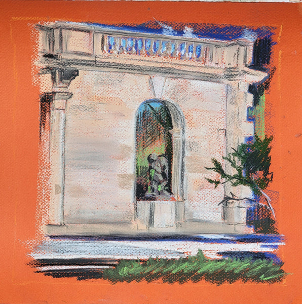 A textured pastel painting of a classical stone building facade with an arched window, columns, a balcony, and greenery, set against a vivid orange background.