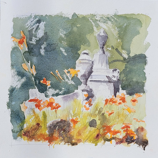 Watercolor painting of a white stone monument or urn surrounded by orange poppies and green foliage on a white paper background.