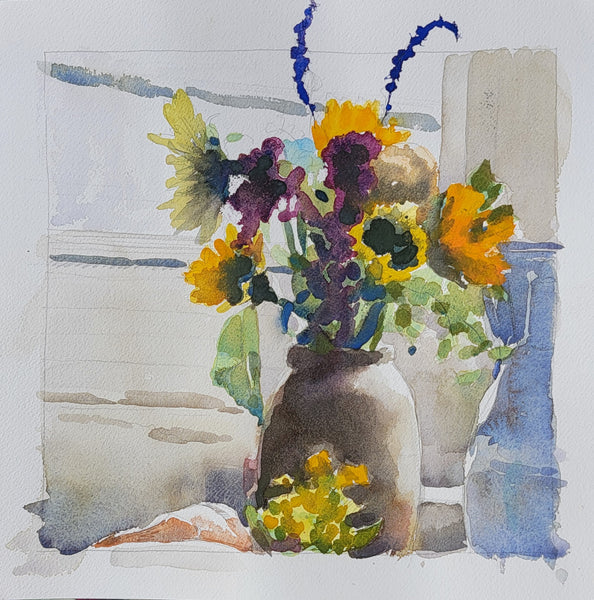Watercolor painting of a bouquet of sunflowers and purple blossoms arranged in a brown vase, with a blue vase beside it, rendered on a white paper background.