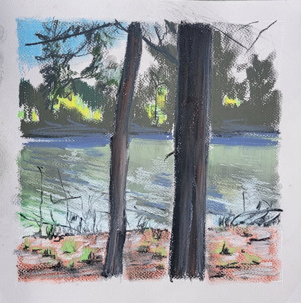 A pastel landscape artwork showing two dark tree trunks in front of a lake, with trees and bright yellow-green foliage in the background.