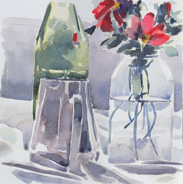 Watercolor still life painting featuring a green vase on the left and a clear glass vase with red flowers on the right, rendered in soft gray, blue, green, and red tones.