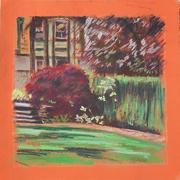 A square pastel painting of a garden scene with a green lawn, a dark red bush, a green hedge, and a house in the background, framed by a wide orange border.