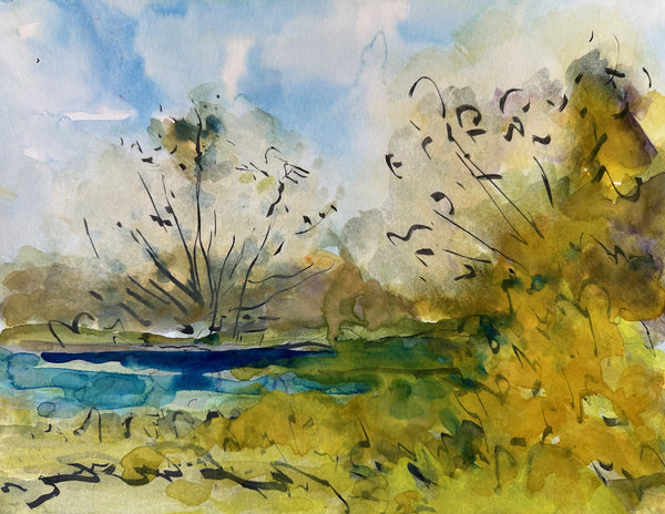 Beyond the Stream, watercolor on paper painting by Cerulean Arts Collective Member Susan Leshnoff 