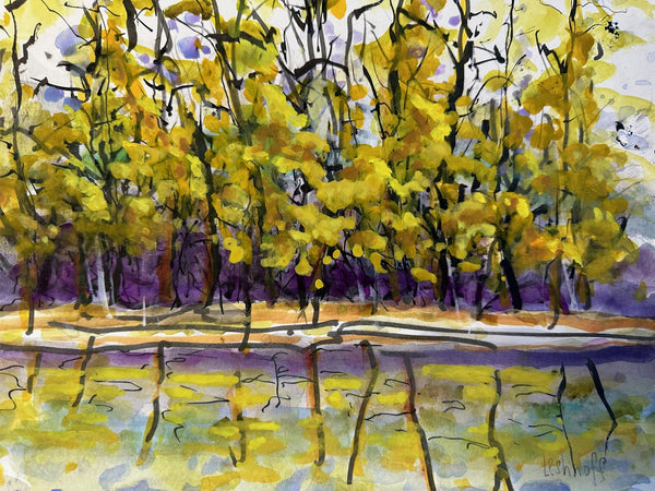 By the River, watercolor on paper painting by Cerulean Arts Collective Member Susan Leshnoff