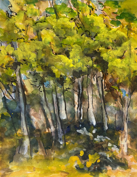 Watercolor painting of a forest with green trees and brown ground