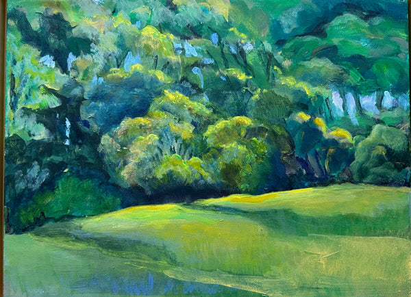 Painting of a forest with green trees and grass