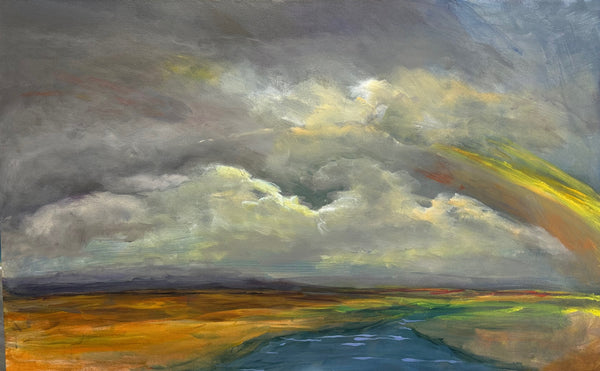 Painting of a landscape with clouds and a rainbow