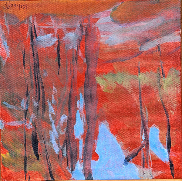 Abstract oil painting on canvas featuring expressive brushstrokes in vibrant red, orange, light blue, and earthy brown tones.