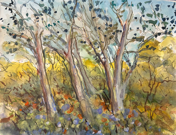 Watercolor painting of trees with a colorful background