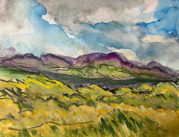 Watercolor landscape painting of green fields and purple mountains under a blue sky.