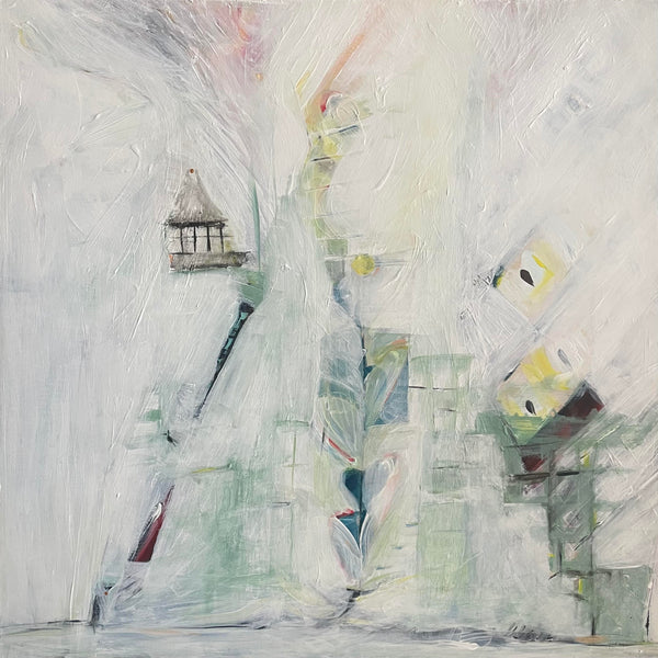 An abstract expressionist painting featuring textured, gestural brushstrokes in off-white, light gray, pale green, and soft touches of yellow, red, and blue.