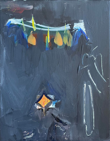 An abstract painting depicting a dark, moody scene with a figure in black and blue, a glowing orange and yellow diamond-shaped light, and a bright blue and white horizontal band across the top.