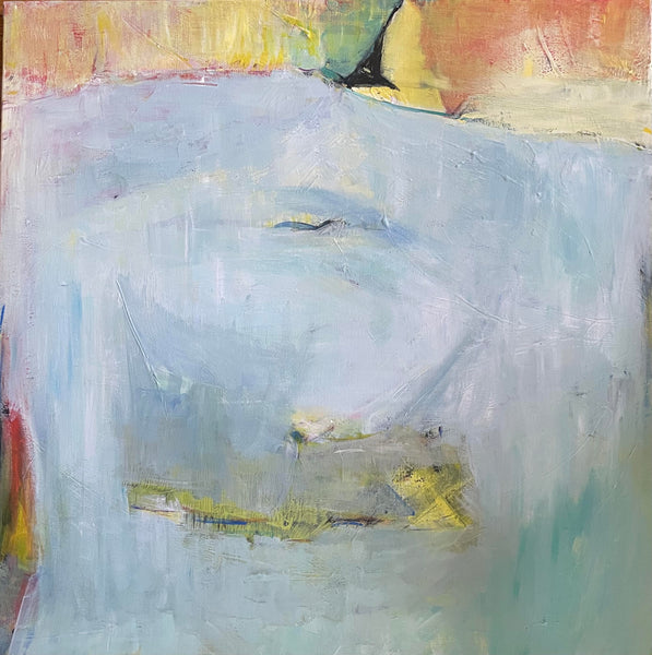 An abstract expressionist painting featuring a large, soft blue-gray form in the center, accented with yellow, orange, green, and red brushstrokes at the top and sides.