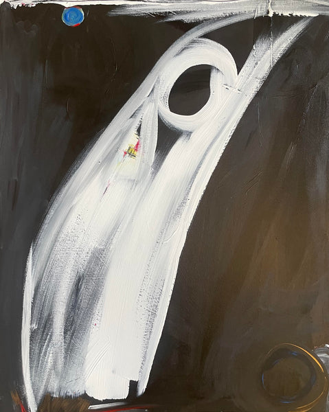 Abstract painting featuring bold white brushstrokes forming a curved, looped shape on a dark black and brown background, with small blue and yellow accents.