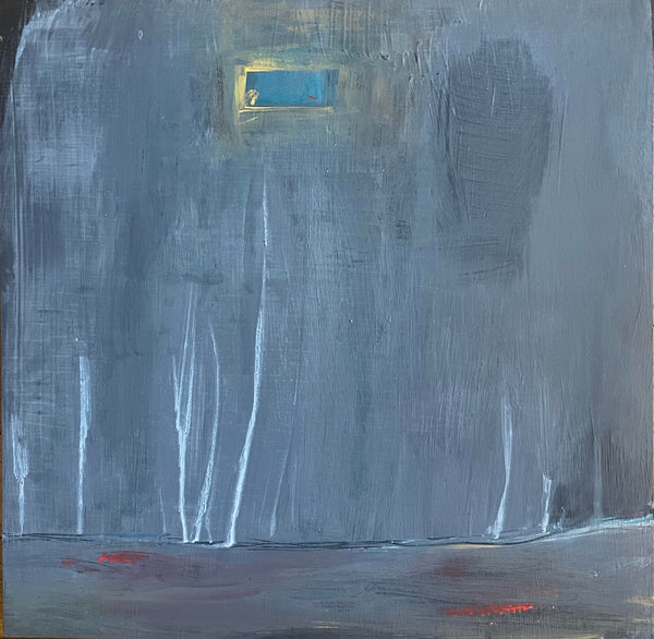 An abstract painting depicting a textured gray wall with a small blue window-like rectangle near the top center, white vertical streaks, and a dark floor with small red accents.