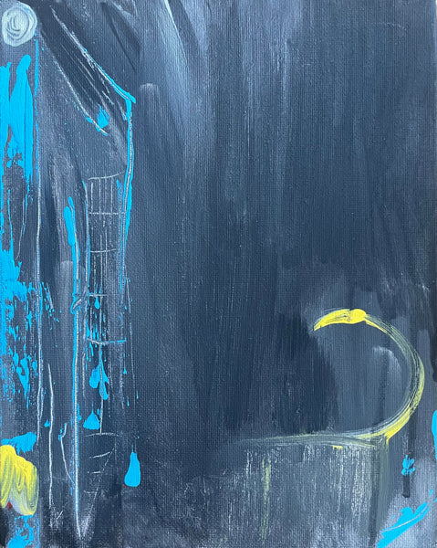 Abstract painting featuring a dark navy and blue textured background with bright cyan brushstrokes on the left and a curved yellow line near the lower right.