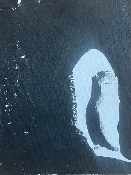 An abstract painting featuring a dark textured background with a large arch-like shape framing a pale blue central area.