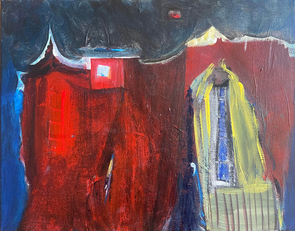 An abstract painting depicting stylized red and dark blue architectural forms with a bright yellow window-like area, rendered in thick textured brushstrokes.