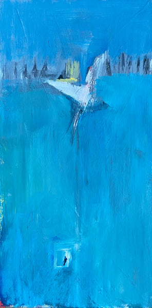 An abstract painting featuring a dominant bright blue background with textured brushstrokes, a white bird-like form near the center, dark tree silhouettes along the top, and a small light square with a tiny dark figure near the bottom.
