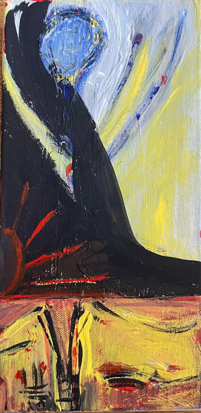 Abstract expressionist painting featuring a large black silhouette-like form against a yellow and white background, with blue circular elements and red accents.