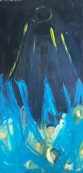An abstract painting featuring a dark navy and black background with bright blue brushstrokes across the bottom and small yellow-green highlights.