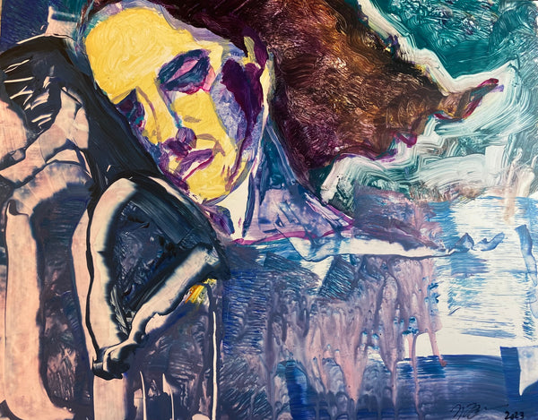 Abstract artwork with a somber figure and dynamic colors