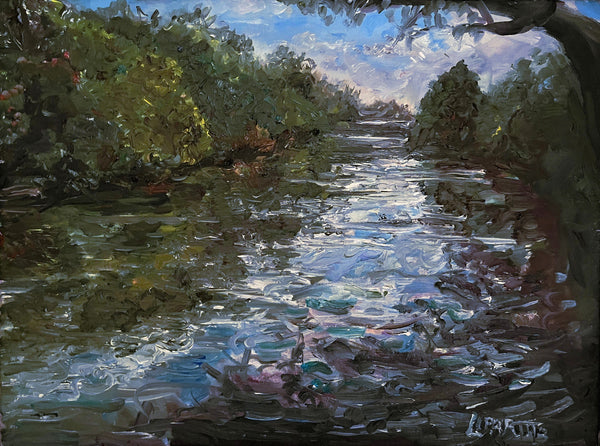 An impressionistic oil painting of a river flowing through a lush green landscape, with textured brushstrokes depicting water reflections, trees, and a cloudy sky.