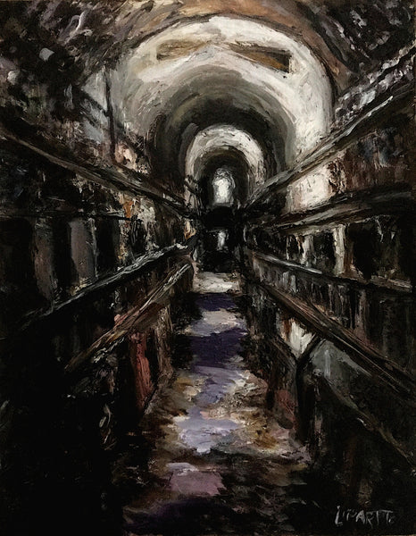 An impressionistic painting of a dark, narrow tunnel or corridor with arched ceilings, rendered in dark browns, blacks, grays, and muted purple tones, with a bright light at the far end.