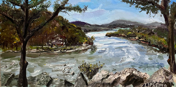 An impressionistic landscape painting depicting a winding river flowing through a rocky, tree-lined valley toward distant mountains under a blue sky.