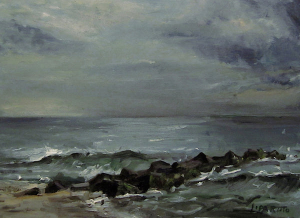 Impressionist-style painting of a stormy sea with dark rocks, churning waves, and a cloudy gray sky.
