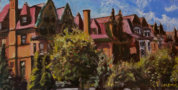 Oil painting of a row of houses with trees in the foreground