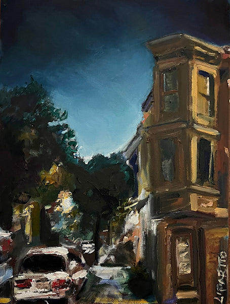 An impressionistic painting of a city street at dusk, featuring a tall brown building on the right, dark trees on the left, a blue evening sky, and a white car in the foreground.