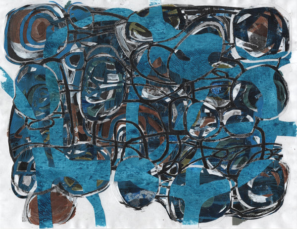 Abstract artwork with blue, black, and brown colors on a white background